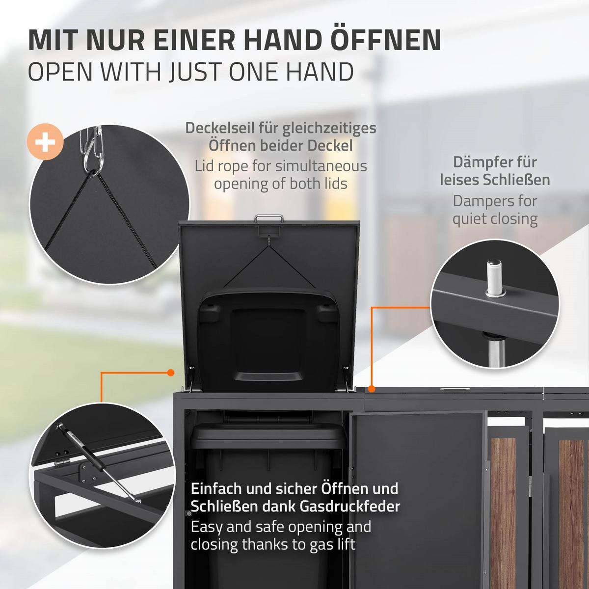 MÜLLTONNENBOX 3er 240L 196x80x120 cm Anthrazit-Eiche dunkel aus Stahl - Dunkelbraun, Metall (80/120/196cm) - ML-DESIGN