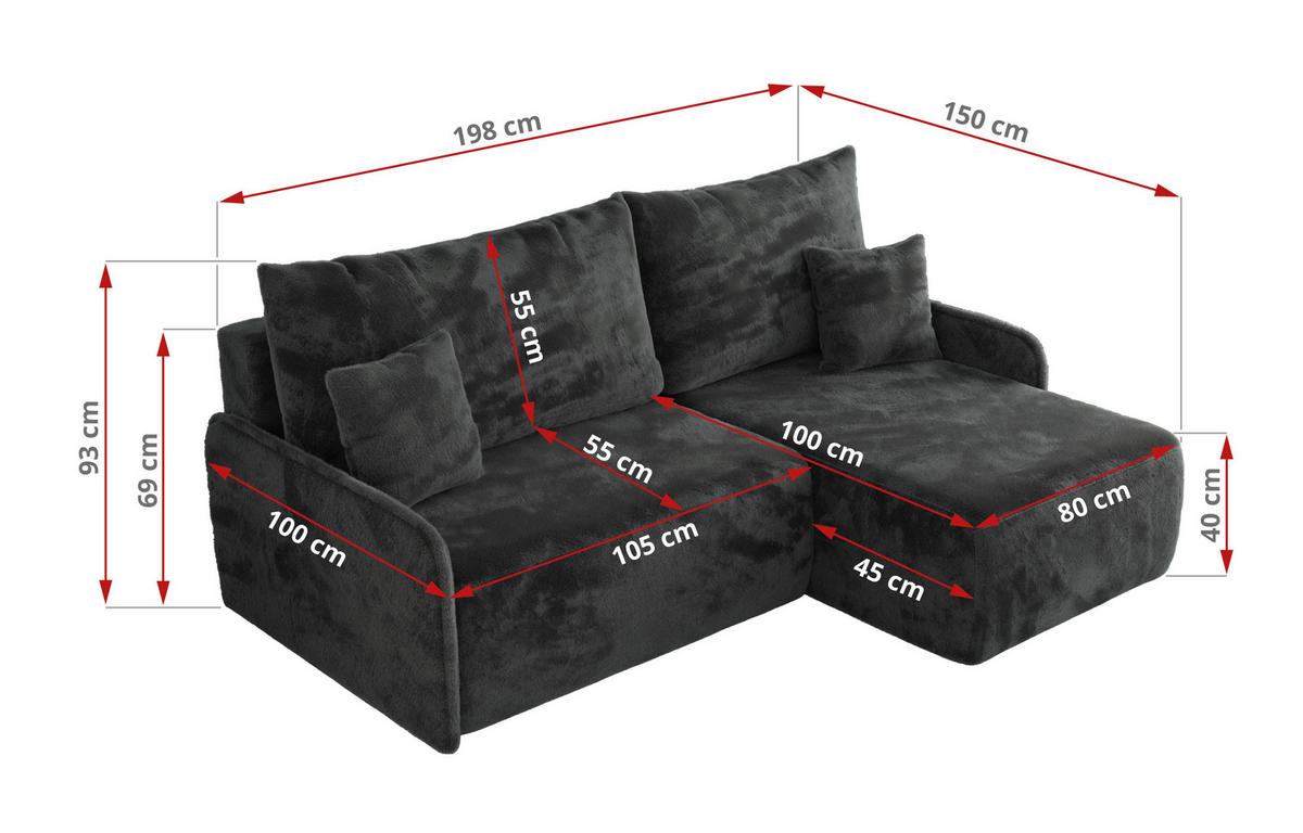 ECKSCHLAFSOFA ARPA L Dunkelgrau Plüsch - rechts - Dunkelgrau/Schwarz, Kunststoff/Textil (150/198cm) - MKS