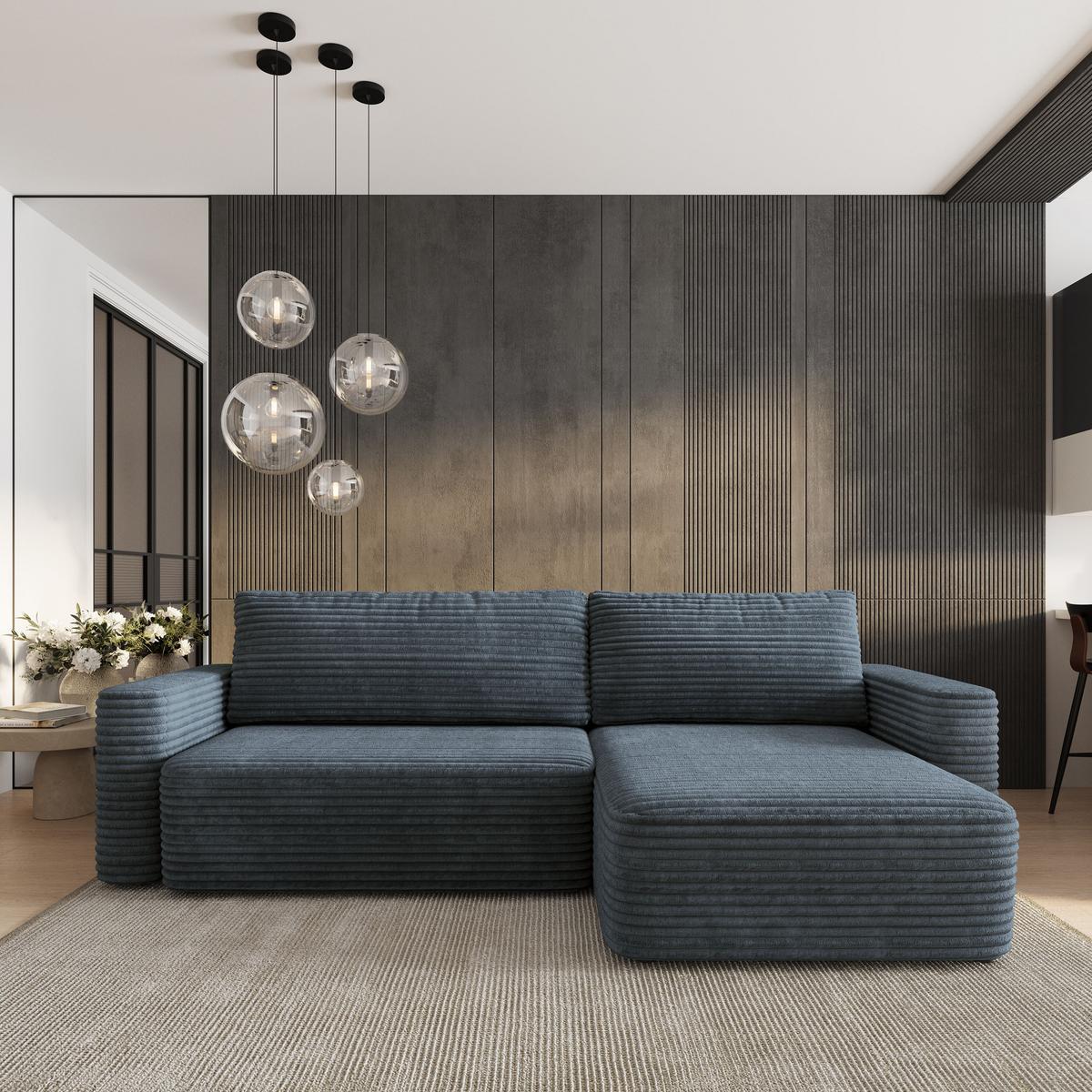 ECKSOFA TELIN Grau Kordstoff mit Schlaffunktion - Grau, Holz (280/162cm) - MASSENO