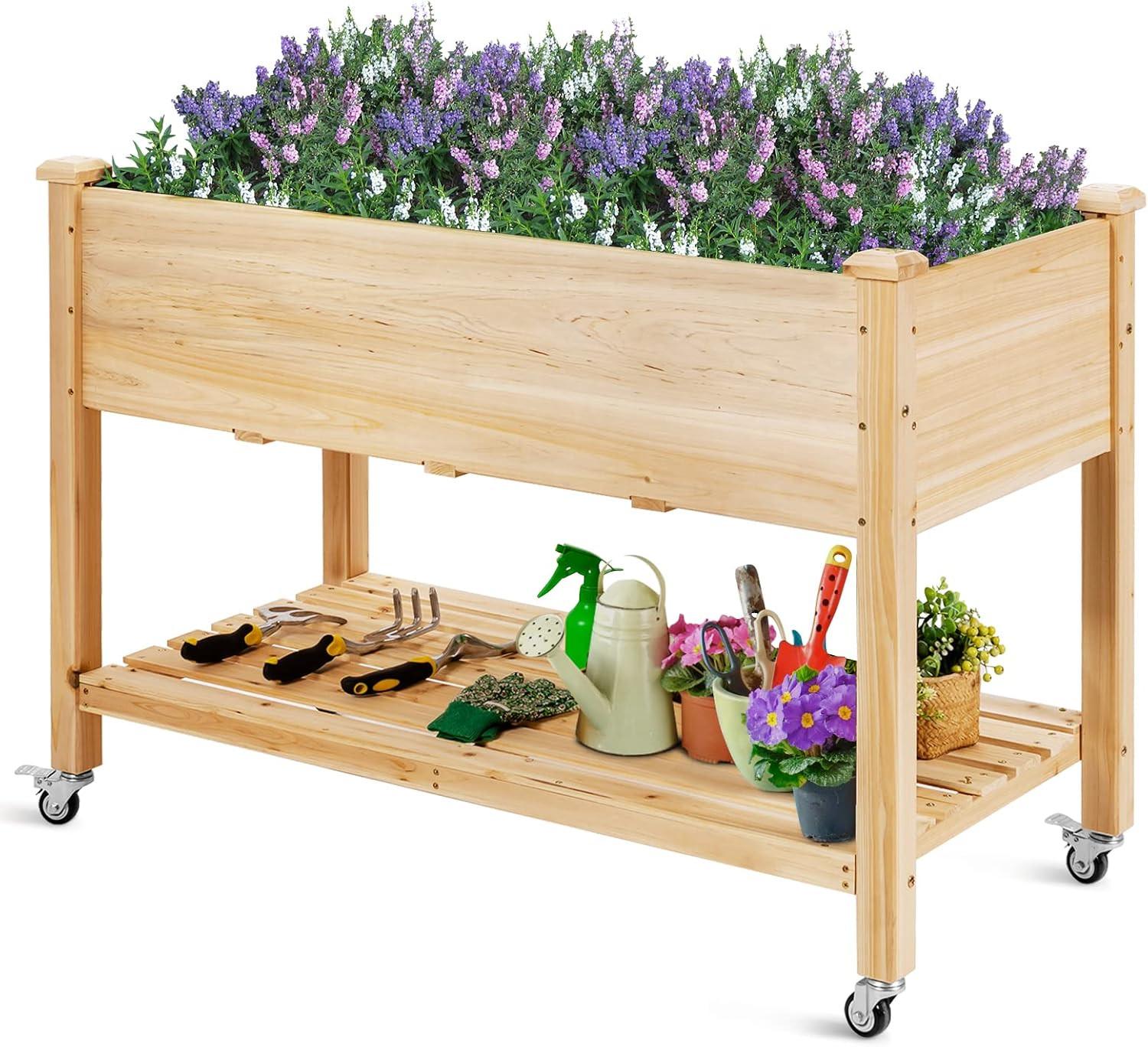 HOCHBEET groß mit Ablage Holz - Apfelbaumfarben, Holz (120/84/59cm) - COSTWAY