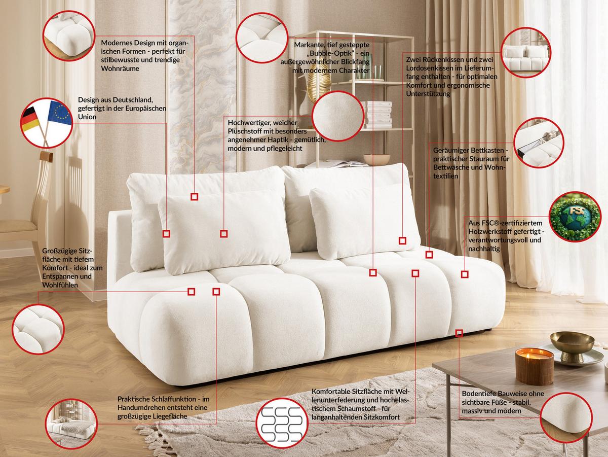 SCHLAFSOFA Belluno aus hochwertigem Creme Plüschstoff mit Bettkasten und tiefen Steppungen in Bubble-Optik - Creme/Schwarz, Holz/Kunststoff (205/87/105cm) - S-Style