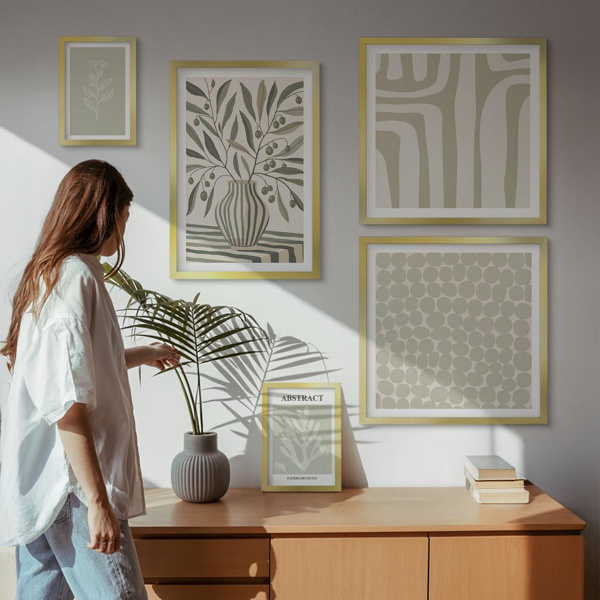 BILDER SET 5er Set - 50x50 cm & 20x30 cm & 40x60 cm Goldrahmen - Abstrakte Pflanzenmuster - Goldfarben, Kunststoff (40/60cm) - TULUP