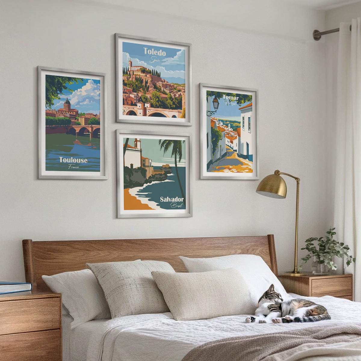 BILDER SET 4er Set - 50x50 cm & 40x60 cm Silberner Rahmen - Retro-Stadtgrafiken - Silberfarben, Kunststoff (50/50cm) - TULUP
