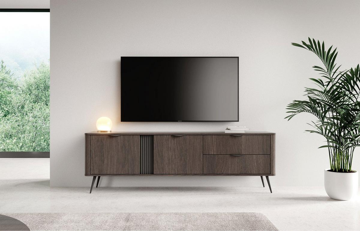 TV-LOWBOARD Veris 2-türig mit Schubladen, Dunin-Eiche, 195 cm - Dunkelbraun/Schwarz, Holzwerkstoff/Metall (195.2/61.2/38cm) - Selsey