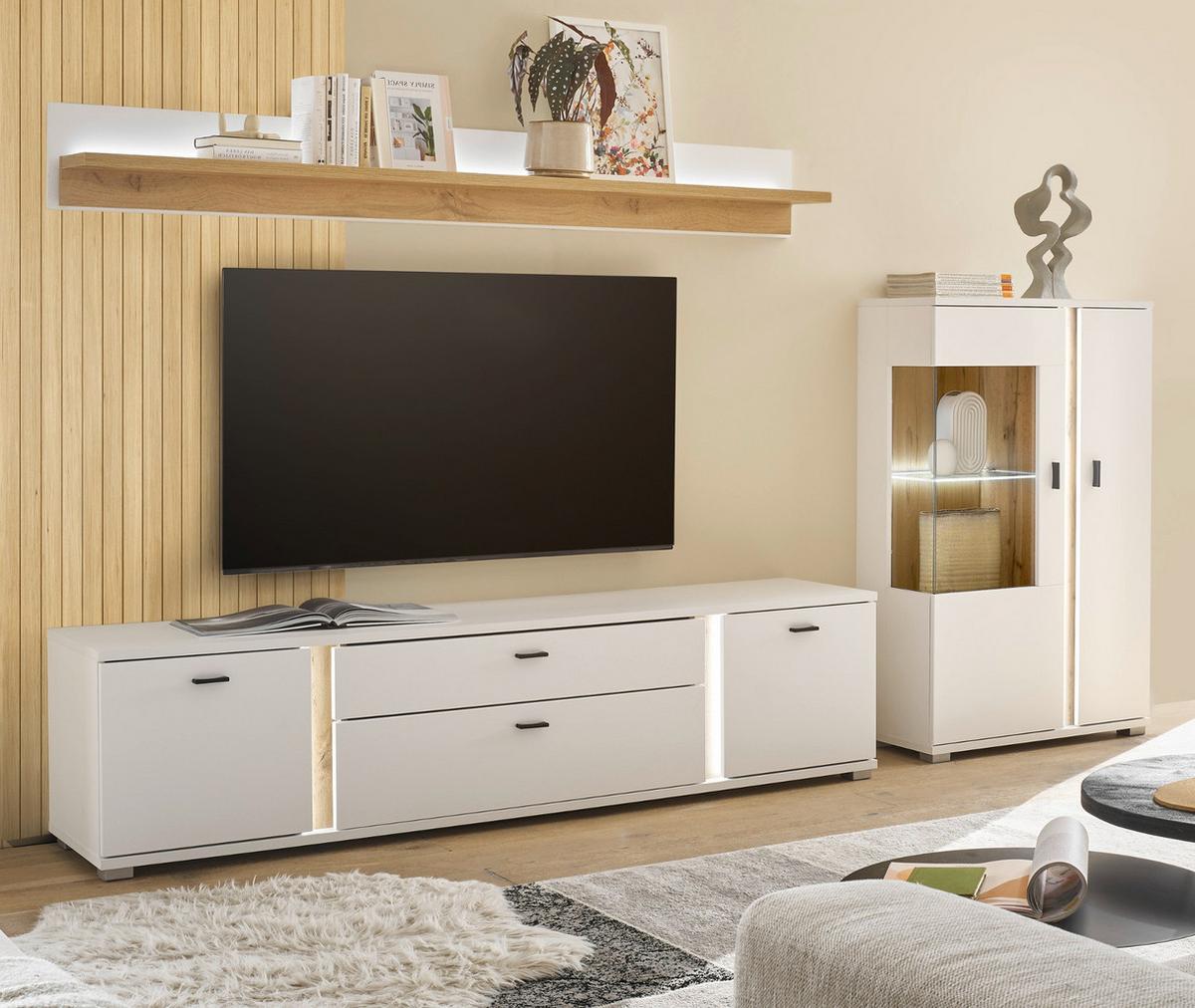 WOHNWAND 3-teilig weiß matt, Eiche Wotan 290 cm, Wohnkombination inklusive Frontbeleuchtung - Eiche Wotan/Silberfarben, Glas/Holzwerkstoff (290/170/42cm) - Furn.Design