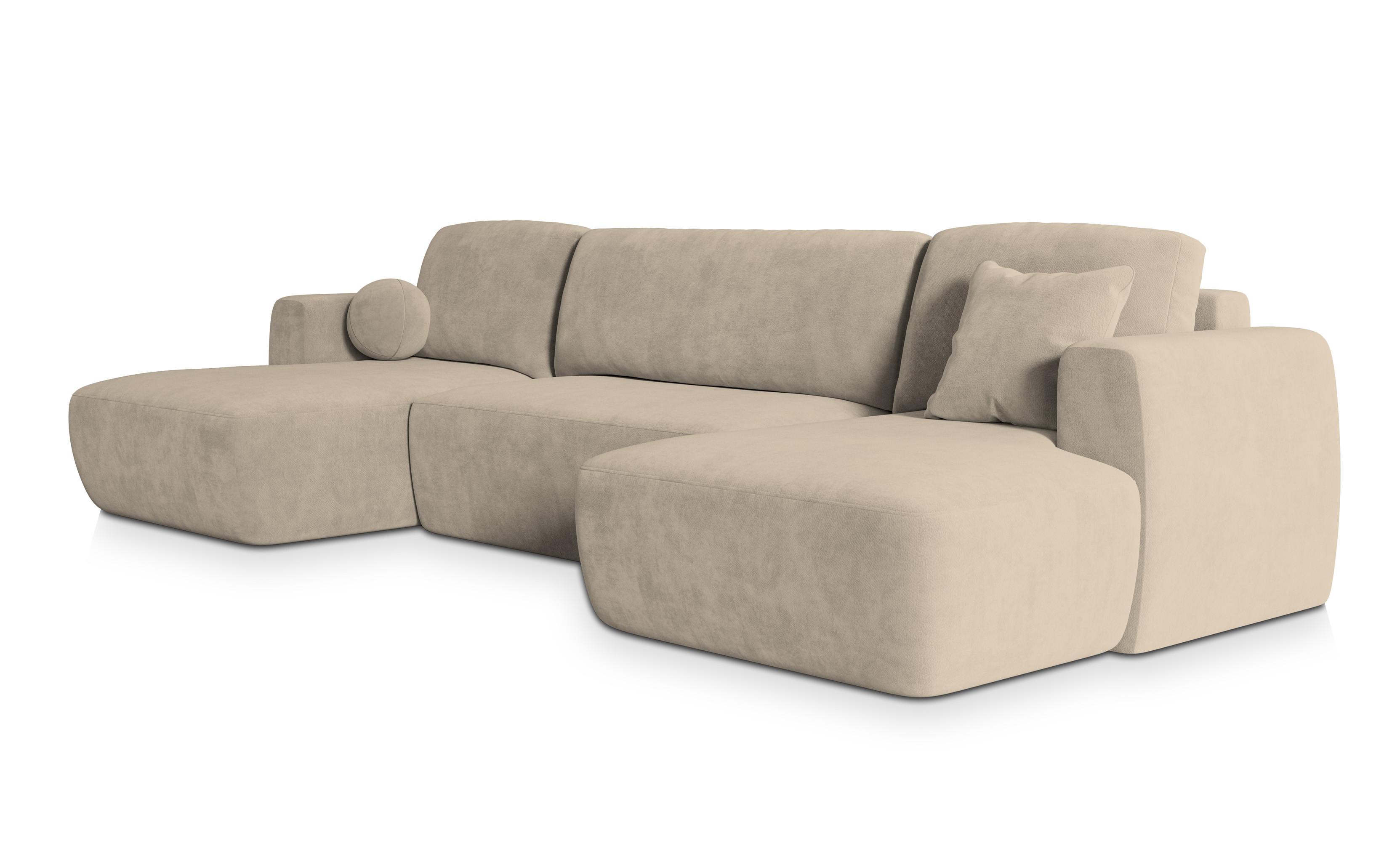 WOHNLANDSCHAFT SENTUM K Beige Plüsch-Stoff mit Schlaffunktion - Beige/Schwarz, Holz/Kunststoff (330/90/148cm) - MASSENO