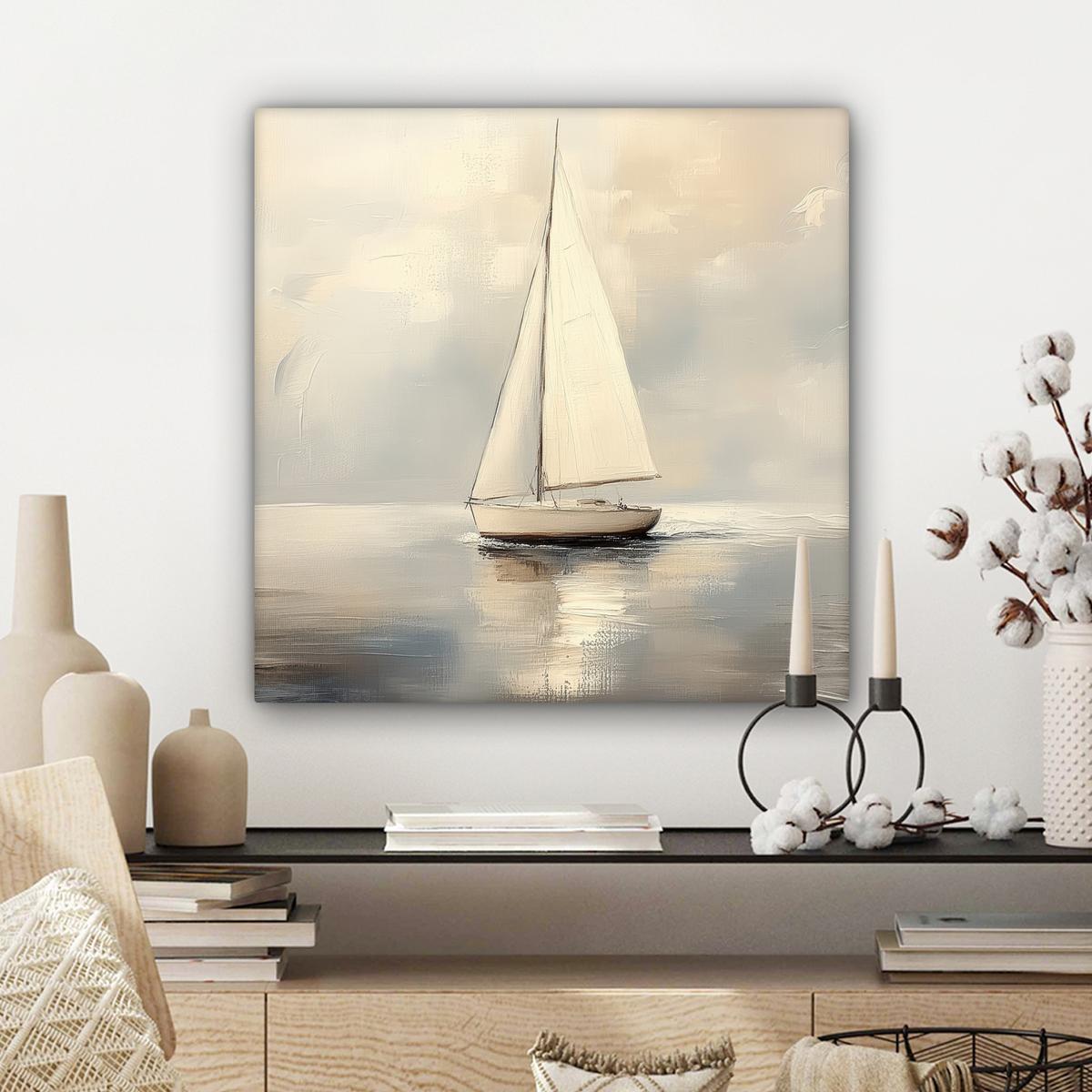 LEINWANDBILD Segelschiff - Meer - Bewölkt Wandbild Wohnzimmer 50x50 cm - Creme, Textil (50/50cm) - MuchoWow