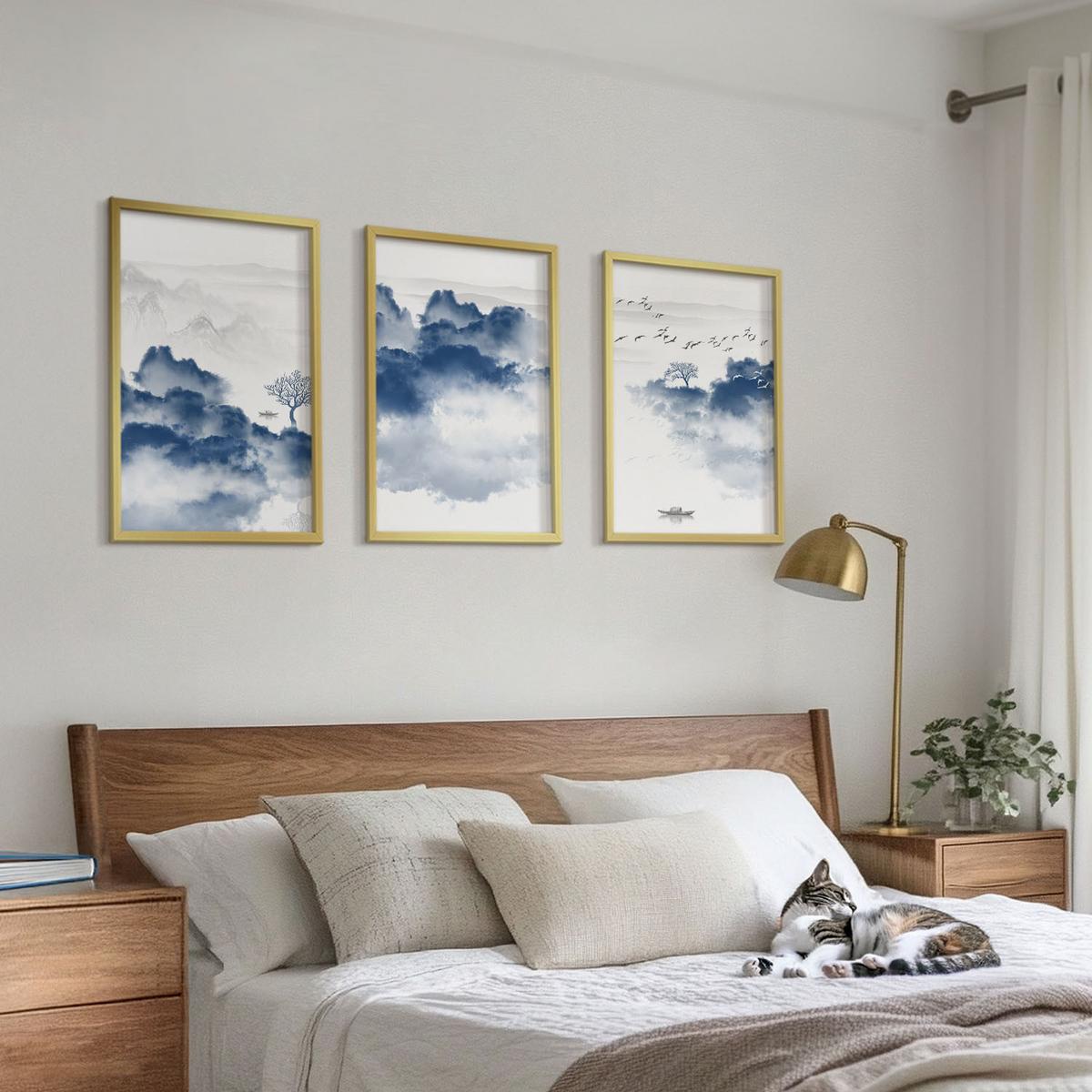 BILDER SET 3er Set - 40x60 cm Goldrahmen - Berge, Wolken, Bäume, Vögel - Goldfarben, Kunststoff (40/60cm) - TULUP