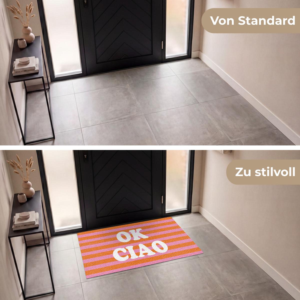 FUSSMATTE Ciao - Zitat - Streifen Sauberlaufmatte 120x80 cm - Orange, Kunststoff (120/0.4cm) - MuchoWow