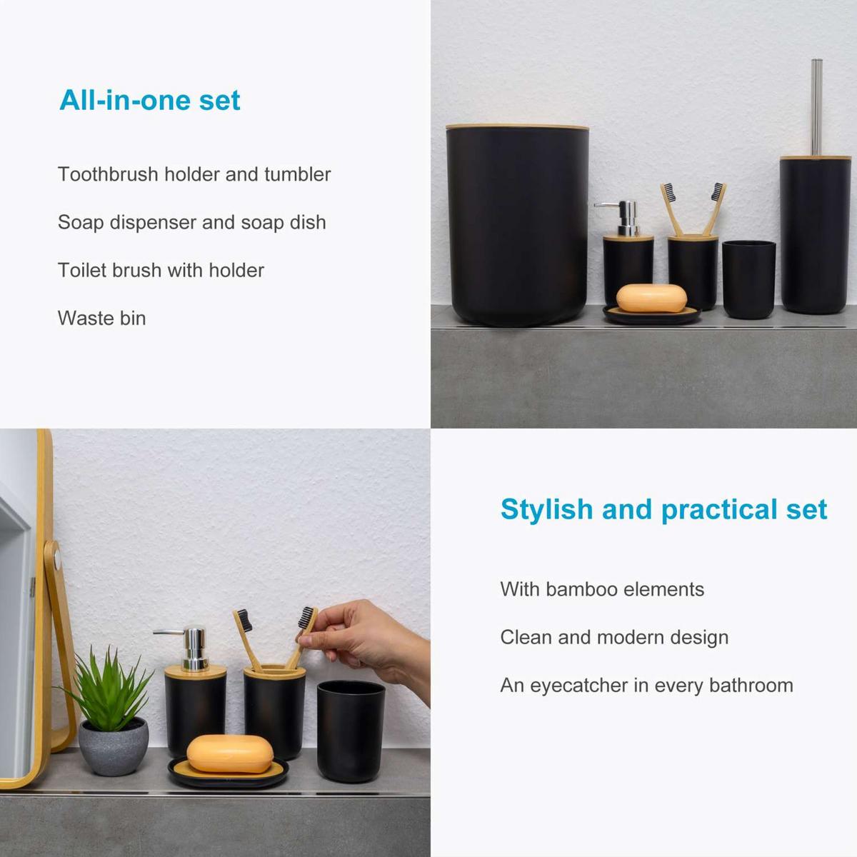 BADEZIMMER ZUBEHÖR SET (6-tlg.) mit Zahnputzbecher Seifenschale Seifenspender Toilettenbürste - Schwarz, Naturmaterialen (19.5/26/19.5cm) - Intirilife