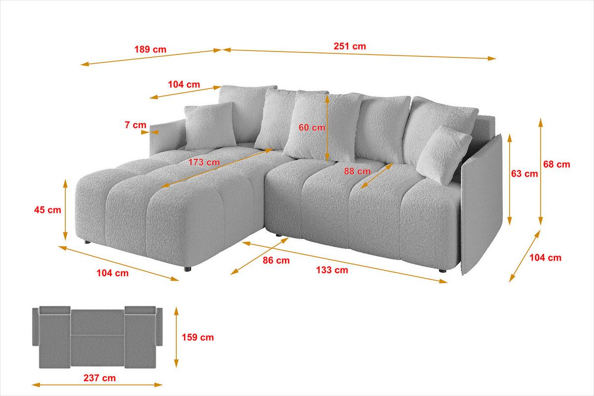 ECKSOFA Ottomane links LONLI-L 251x189x68 Hellgrau Bouclé - Hellgrau, Holzwerkstoff/Kunststoff (251/189cm) - ALTDECOR