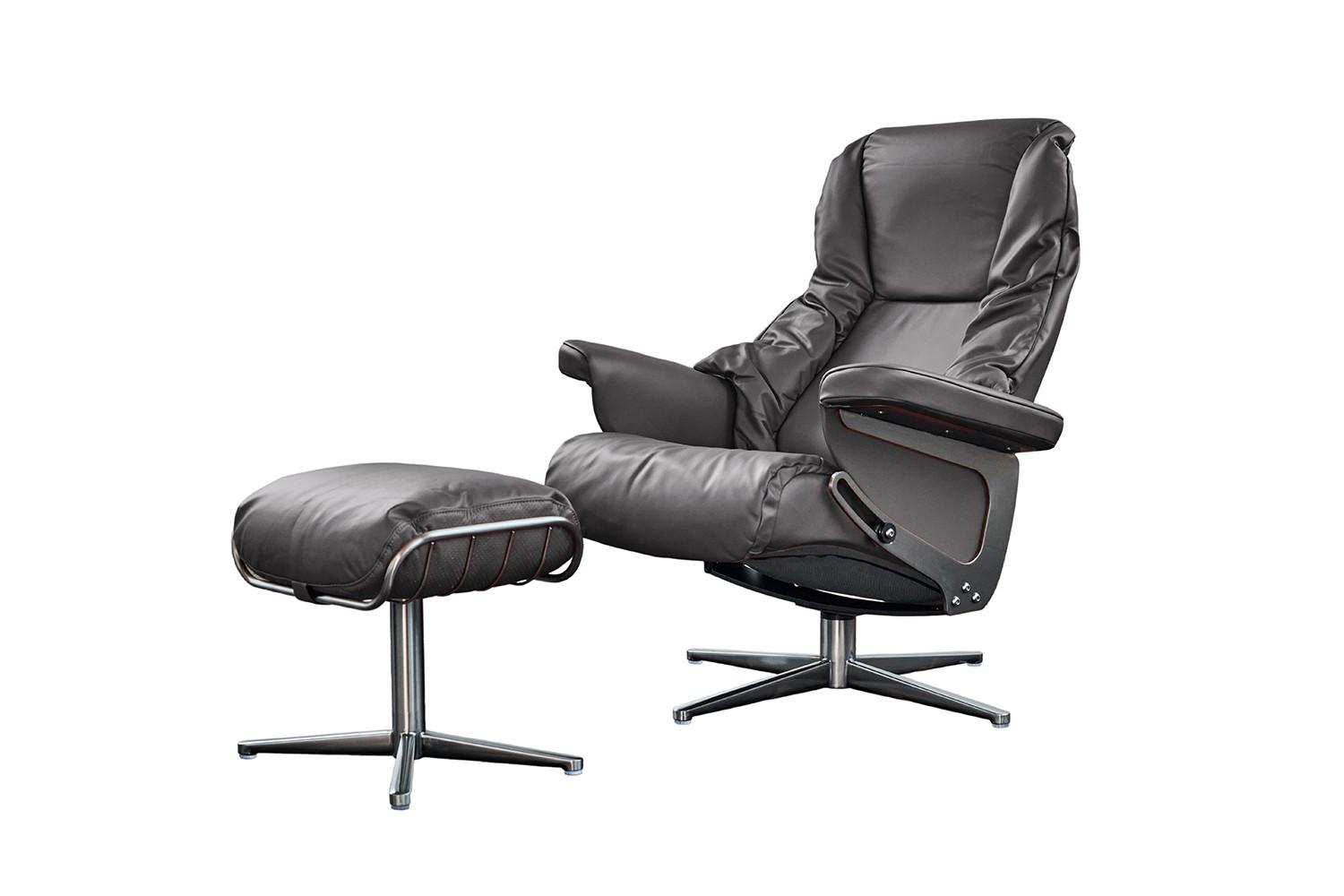RELAXSESSEL MIT HOCKER MODO Grau Leder - Dunkelgrau/Silberfarben, Leder/Metall (81/98/90cm) - KAWOLA