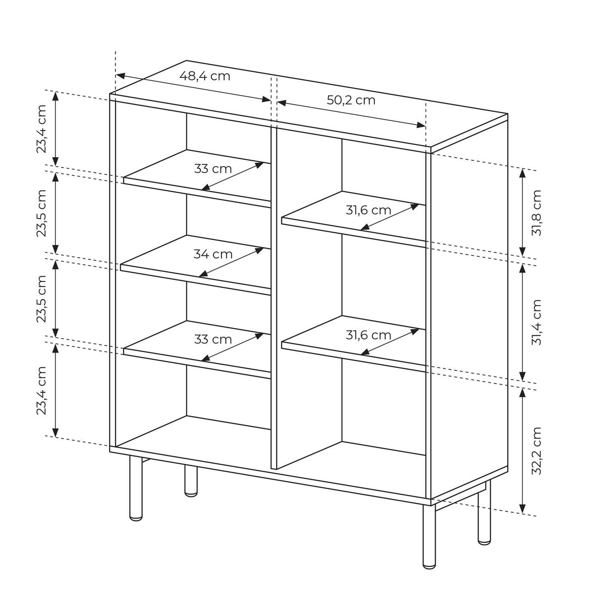 HIGHBOARD Trentinis 3T Beige 103,5/123,4/39,5 cm – Geriffelte Fronten - Eichefarben, Holzwerkstoff/Metall (103.5/121.8/39.5cm) - AX Living