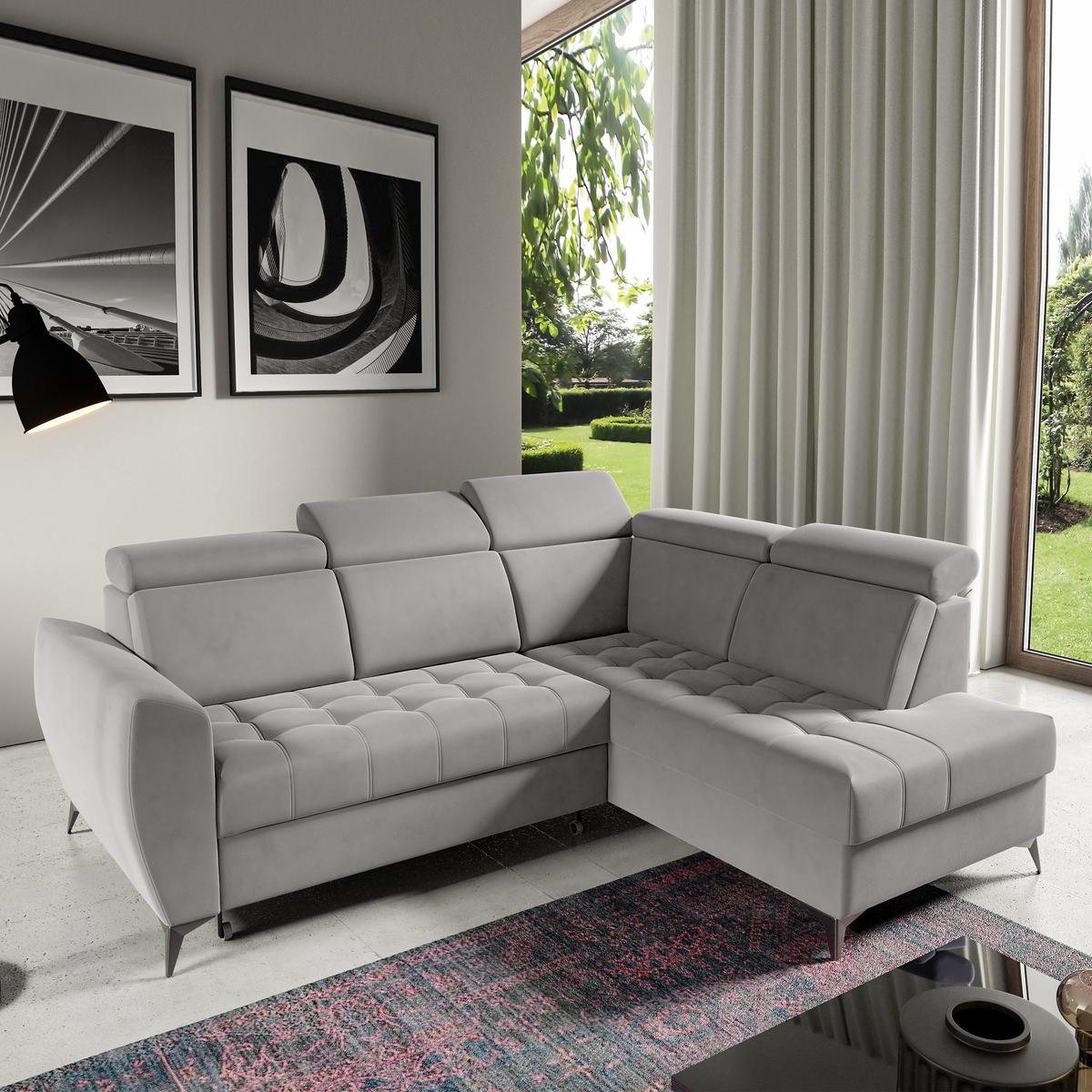 ECKSCHLAFSOFA Aurora II mit verstellbare Kopfstützen, Hellgrau, rechts - Hellgrau/Schwarz, Textil (266/204cm) - Beautysofa