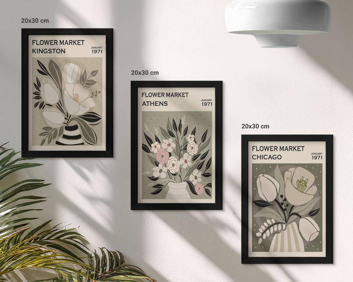 BILDER SET 3er Set - 20x30 cm Schwarzer Rahmen - Retro-Blumenarrangements - Schwarz, Kunststoff (20/30cm) - TULUP