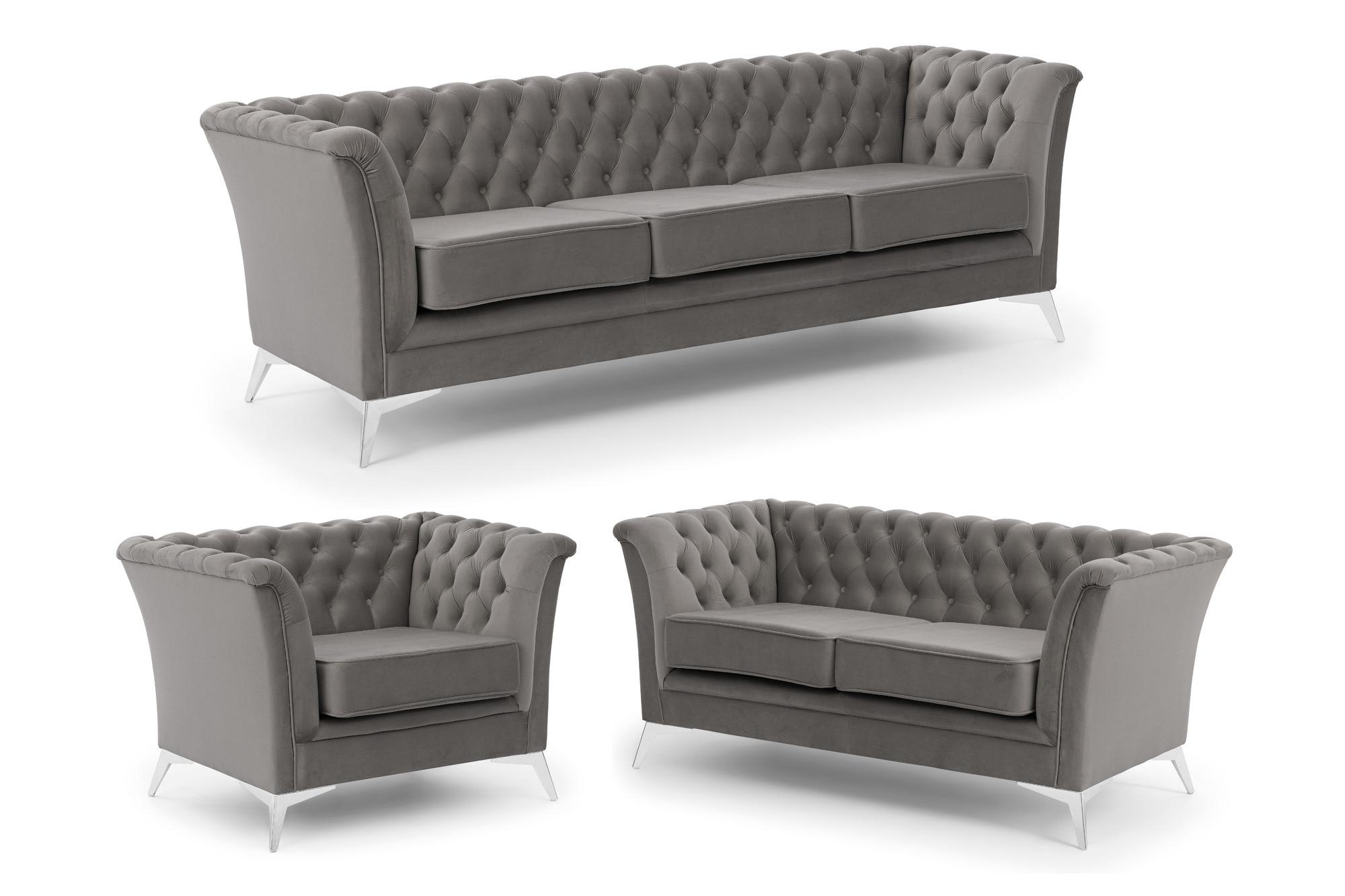 SITZGARNITUR 3+2+1 Chesterfield Whitby Grau Samt mit silbernen Füßen - Silberfarben/Grau, Holz/Textil (237/78/82cm) - S-Style Möbel