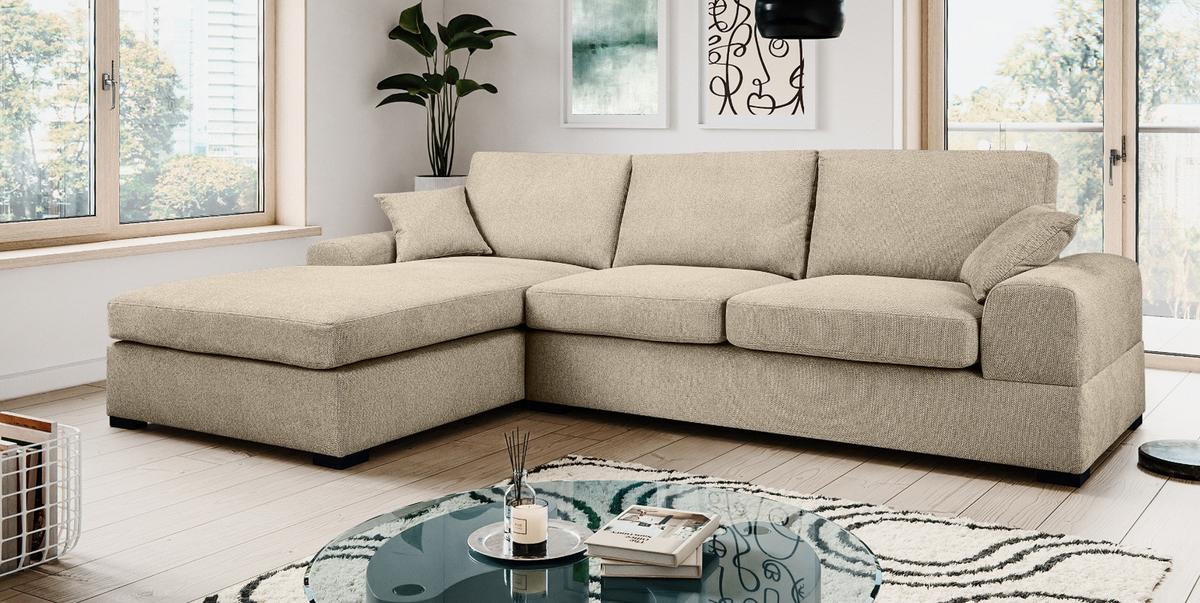 SOFA beige Strukturstoff 308 cm, Ecksofa 5-Sitzer, L-Sofa Ottomane links - Beige/Schwarz, Holz/Textil (308/186cm) - Inn.Furn