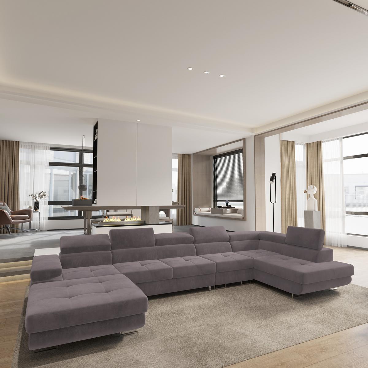 WOHNLANDSCHAFT VELORA R-S Lila Velours-Stoff mit Schlaffunktion - Lila, Holz (419/90/202cm) - MASSENO