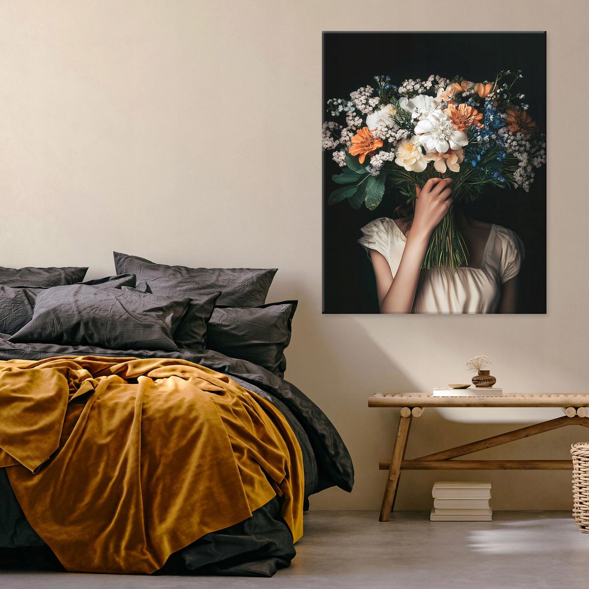 LEINWAND BILDER Frau Blumen Vintage Schwarz 120x80 - Multicolor, Holzwerkstoff (80/120cm) - Wallarena