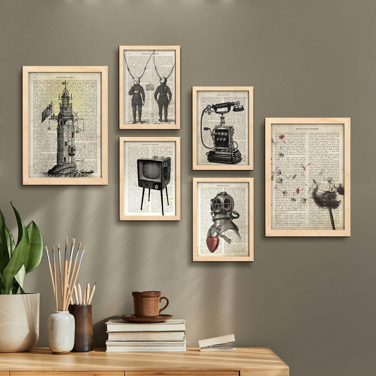 POSTER Set Mit 6 Jahrgang Vintage Papier Plakate Mit Enzyklopädie Revolutionäre Erfindungen Aus Dem Letzten Jahrhundert A3 & A4 Rahmen Aus Hellem Holz - Beige, Papier (29/3cm) - Nacnic