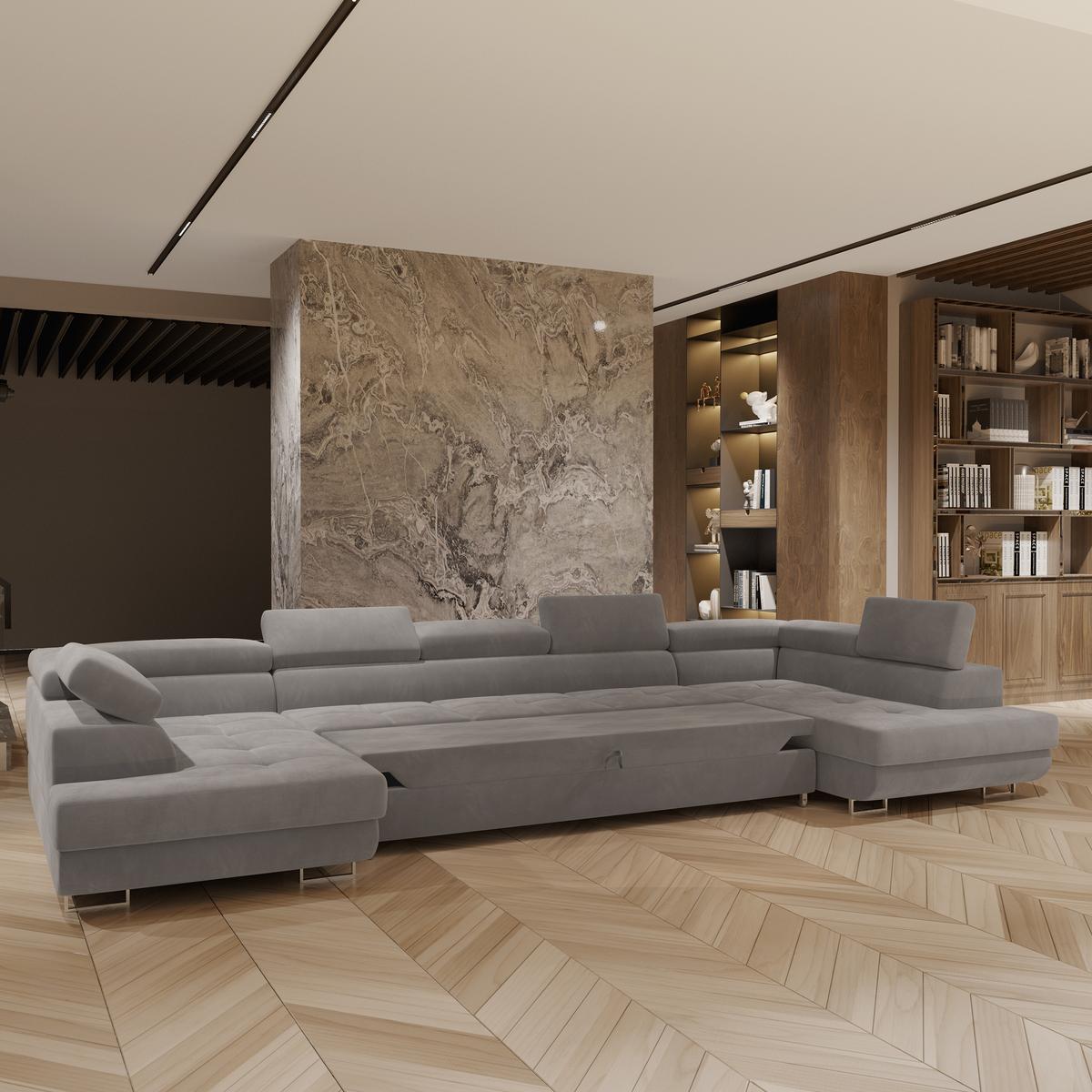WOHNLANDSCHAFT ISOLANO Grau Velours-Stoff mit Schlaffunktion - Grau, Holz (408/90/202cm) - MASSENO