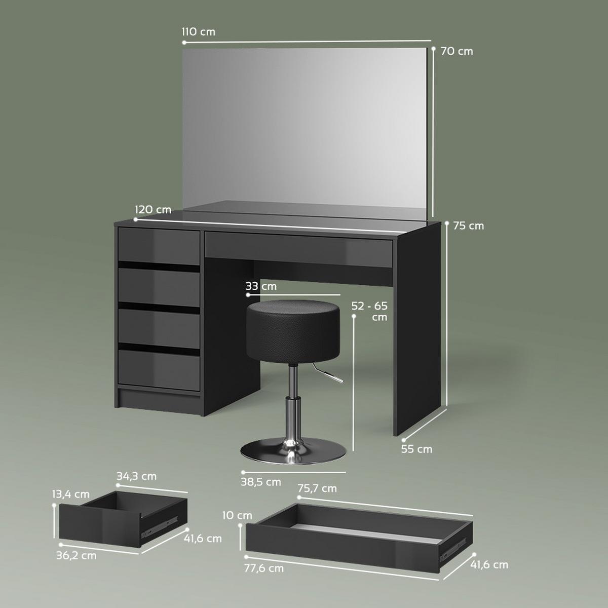 SCHMINKTISCH-SET Imola Anthrazit 120 cm mit Hocker - Anthrazit, Holzwerkstoff (120/75/55cm) - Livinity®