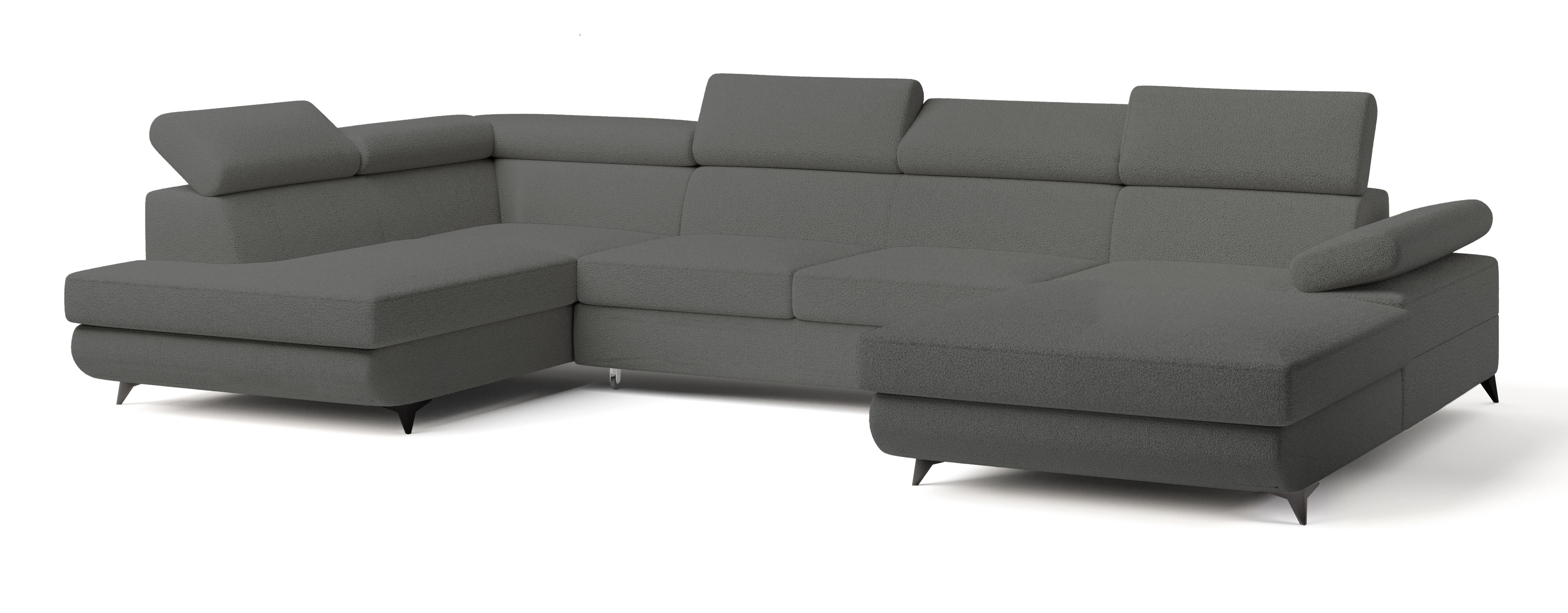 WOHNLANDSCHAFT RUBANO L-S Grau Boucle-Stoff mit Schlaffunktion - Grau, Holz (339/89/190cm) - MASSENO
