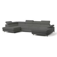 WOHNLANDSCHAFT RUBANO L-S Grau Boucle-Stoff mit Schlaffunktion - Grau, Holz (339/89/190cm) - MASSENO