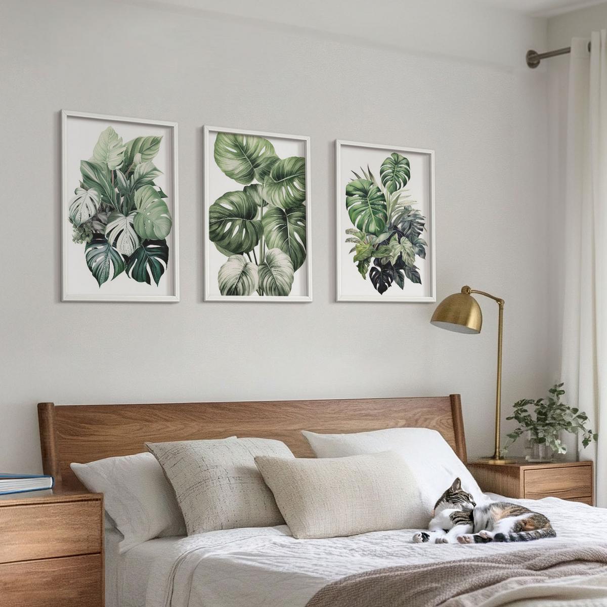 BILDER SET 3er Set - 40x60 cm Weißer Rahmen - Aquarell von grünen tropischen Blättern - Weiß, Kunststoff (40/60cm) - TULUP