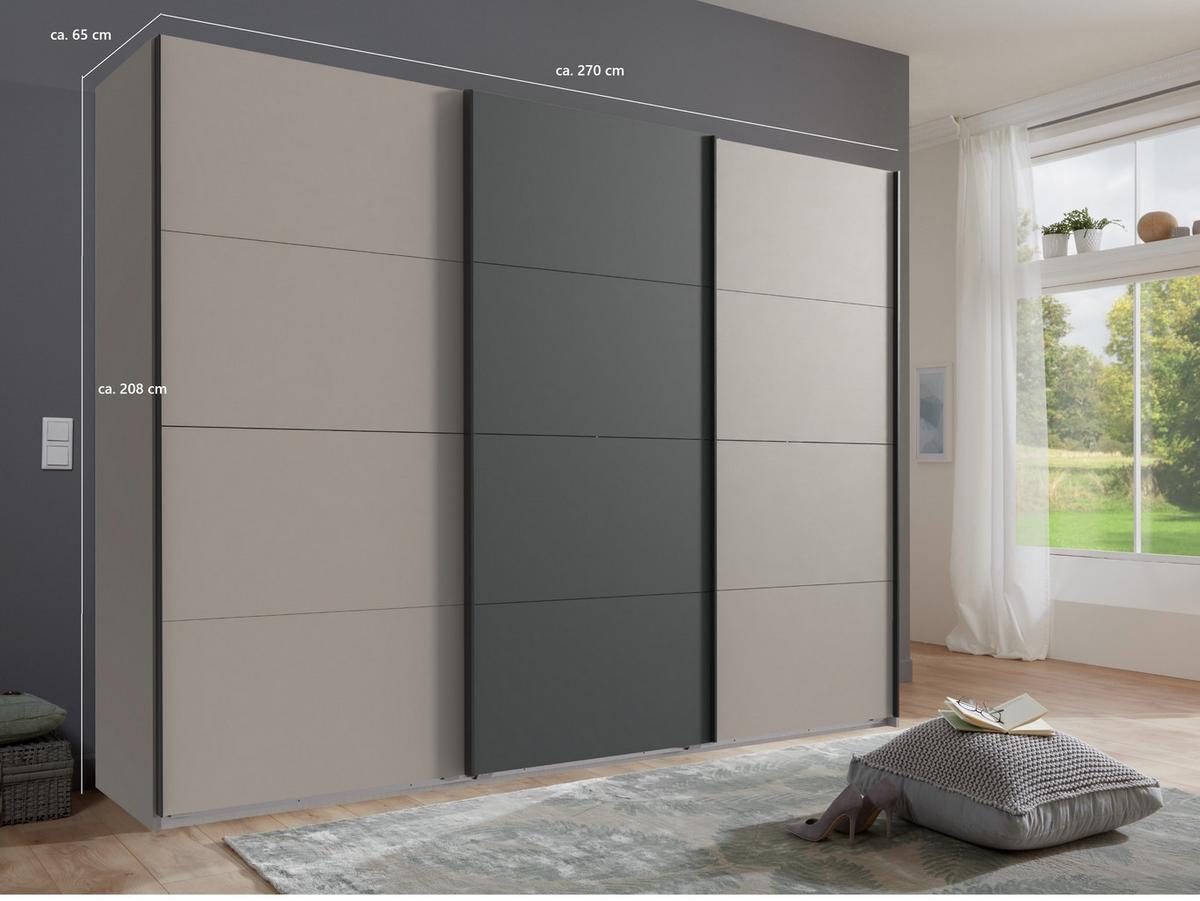 SCHWEBETÜRENSCHRANK 3-türig B270/H210/T65 cm, Kleiderschrank in Sandgrau mit Absetzungen in Anthrazit / 22008 - Sandfarben/Anthrazit, Holzwerkstoff/Metall (270/208/65cm) - luma-home