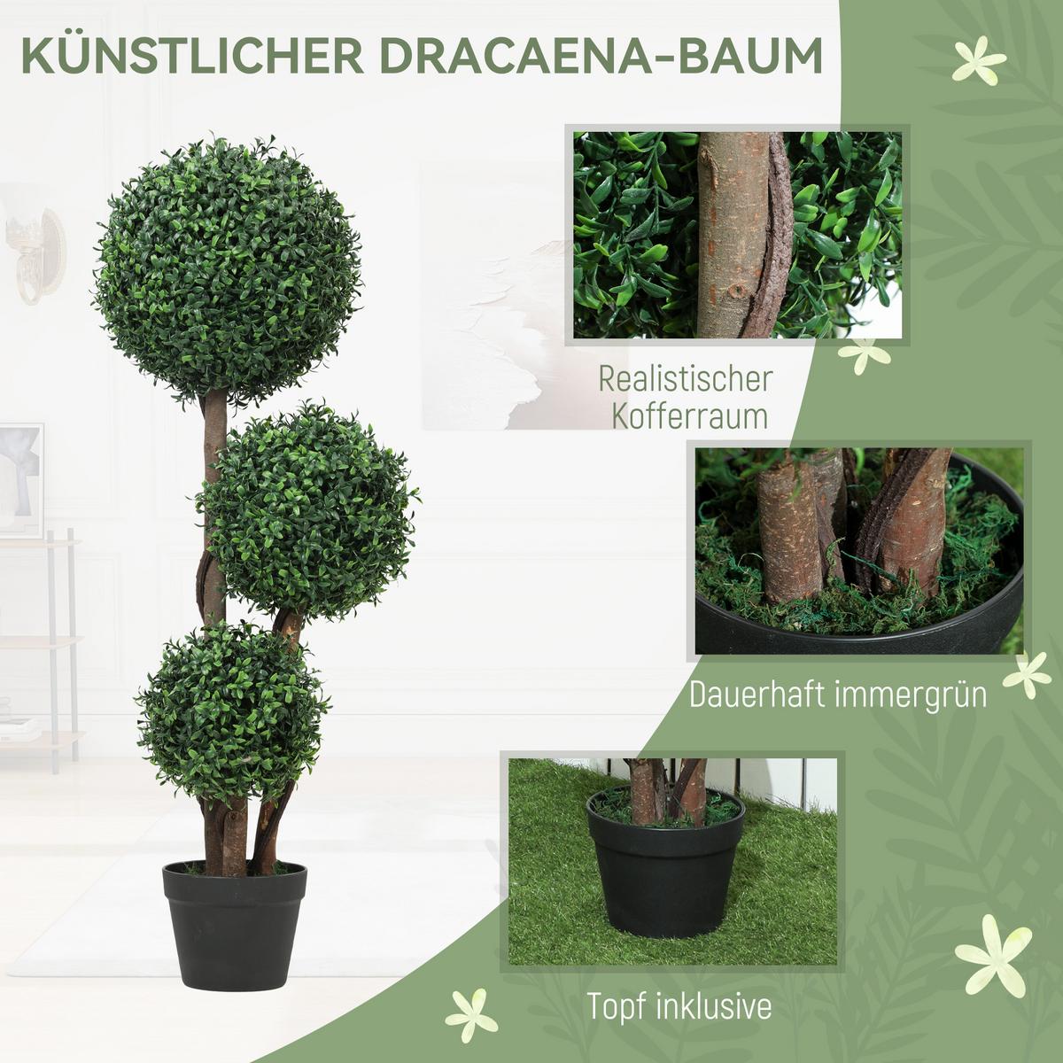 KÜNSTLICHE Buchsbaumkugel groß 100cm dreikugelig Kunstpflanze mit Holzstamm - Schwarz/Braun, Holz/Kunststoff (100cm) - HOMCOM