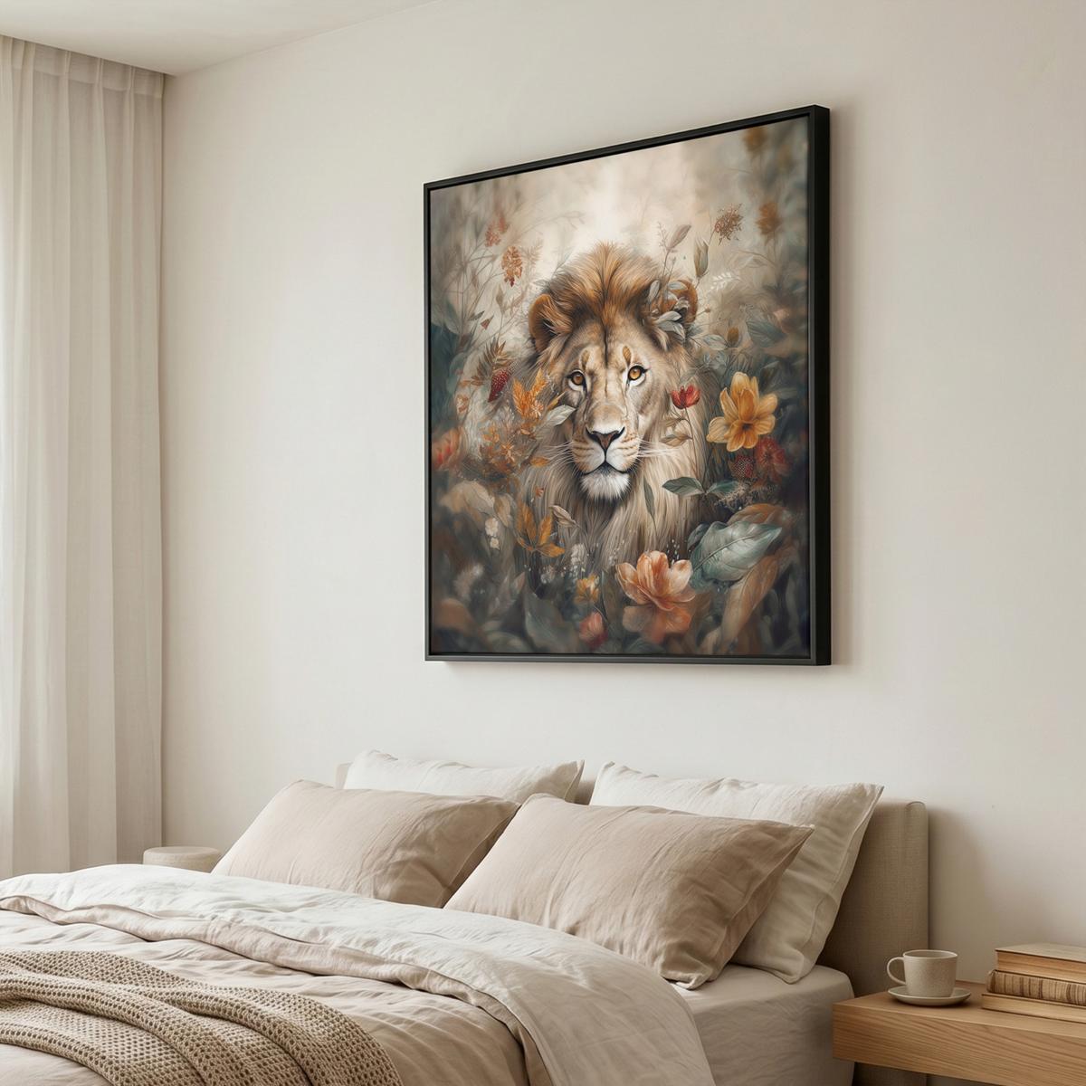 LEINWAND Bilder mit Rahmen - Löwe - Wildtiere - Pflanzen - Natur - Blumen - 90x90 - Beige, Textil (90/90cm) - MuchoWow
