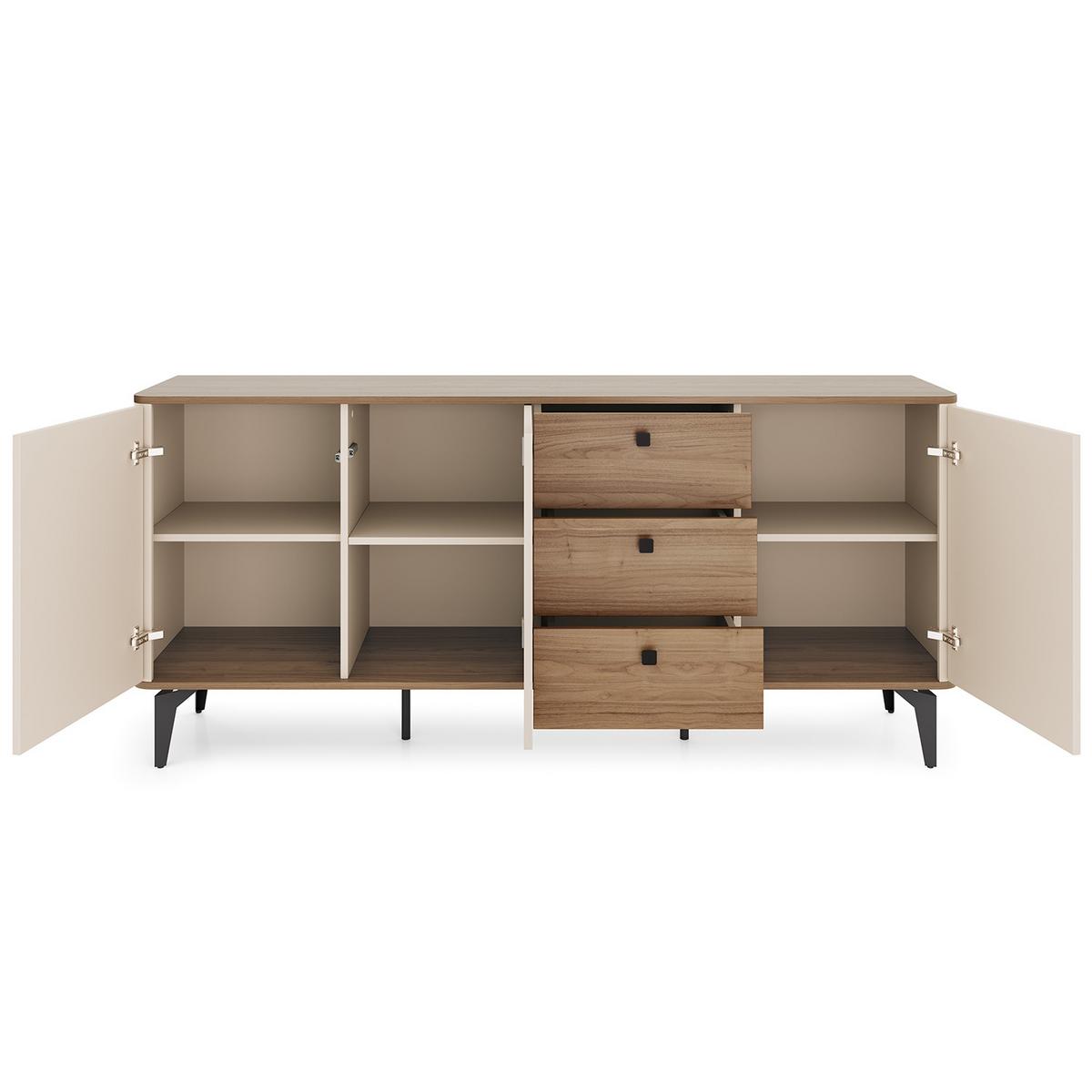KOMMODE Aurora 3 Türen und 3 Schubladen, Metallbeine, 180 cm, Nussbaum+Kaschmir - Kaschmir/Nussbaumfarben, Holzwerkstoff/Metall (180/81/40cm) - Beautysofa