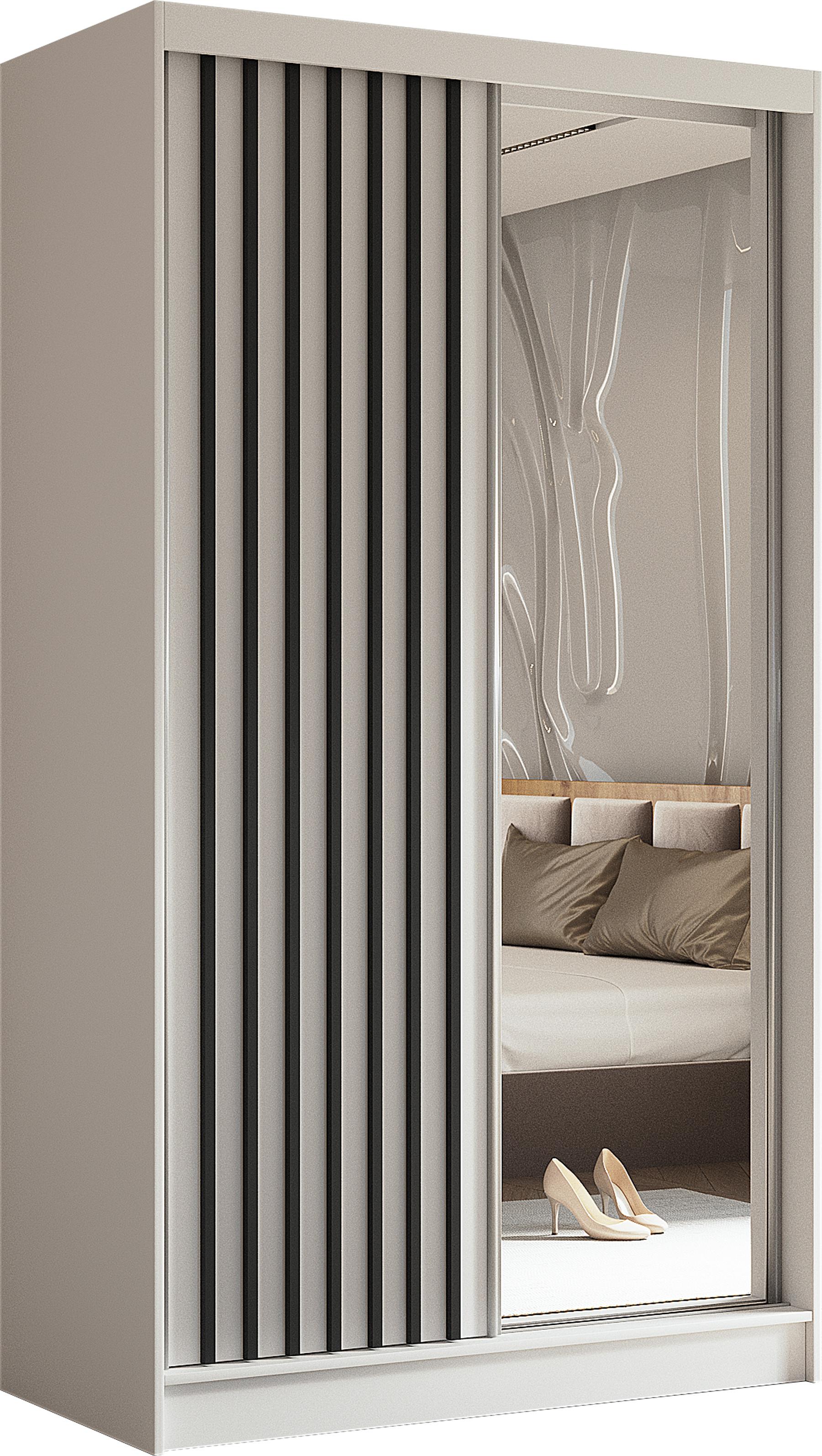 SCHWEBETÜRENSCHRANK Cabinio Weiß 120/216/61 cm – mit Spiegel und Lamellen - Schwarz/Weiß, Holzwerkstoff/Kunststoff (120/216/61cm) - AX Living