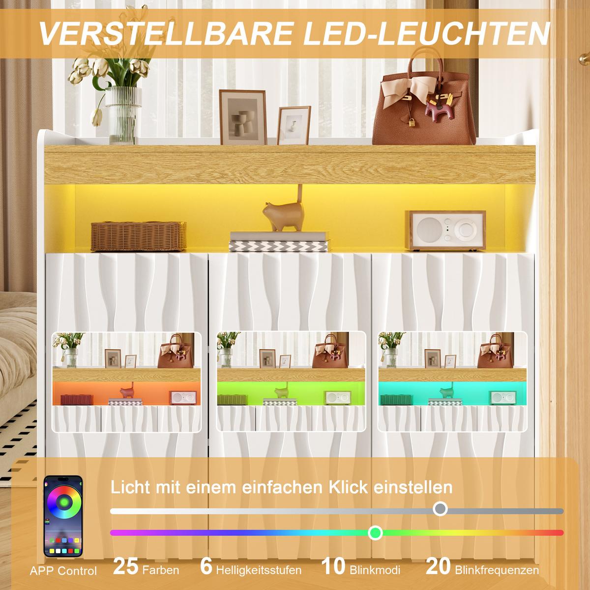 SIDEBOARD Weiß & Natur mit LED-Beleuchtung 3 Türen Wellenmuster Schuhschrank - Weiß, Holzwerkstoff (105/90.5/35cm) - Urban Meuble