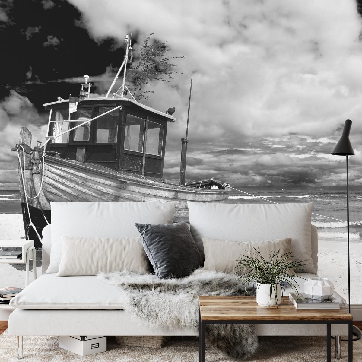 FOTOTAPETE für Wohnzimmer Schwarz-Weiß Boot Strand Meer 100x70 - Schwarz/Weiß, Papier (100/70cm) - Muralo