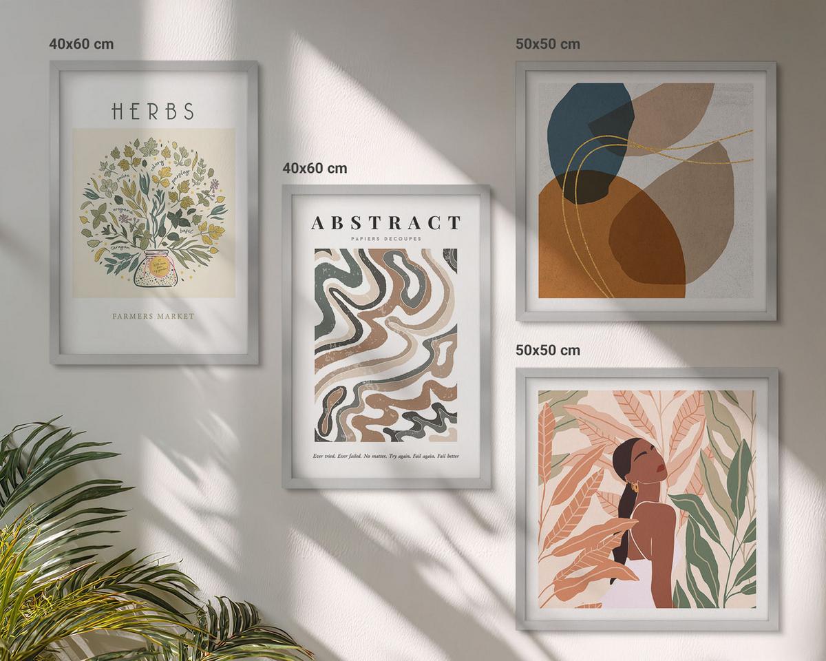 BILDER SET 4er Set - 50x50 cm & 40x60 cm Silberner Rahmen - Boho-Ästhetik, Pastellposter - Silberfarben, Kunststoff (50/50cm) - TULUP
