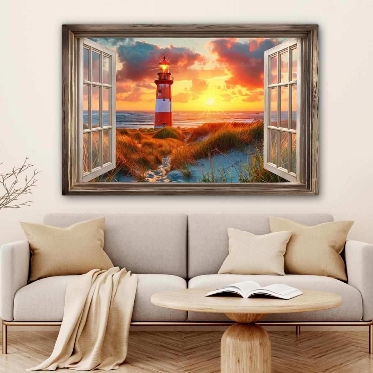 LEINWANDBILD Aussicht - Fenster - Leuchtturm - Sonnenuntergang - Strand Wohnzimmer Groß 120x80 cm - Dunkelorange, Textil (120/80cm) - MuchoWow