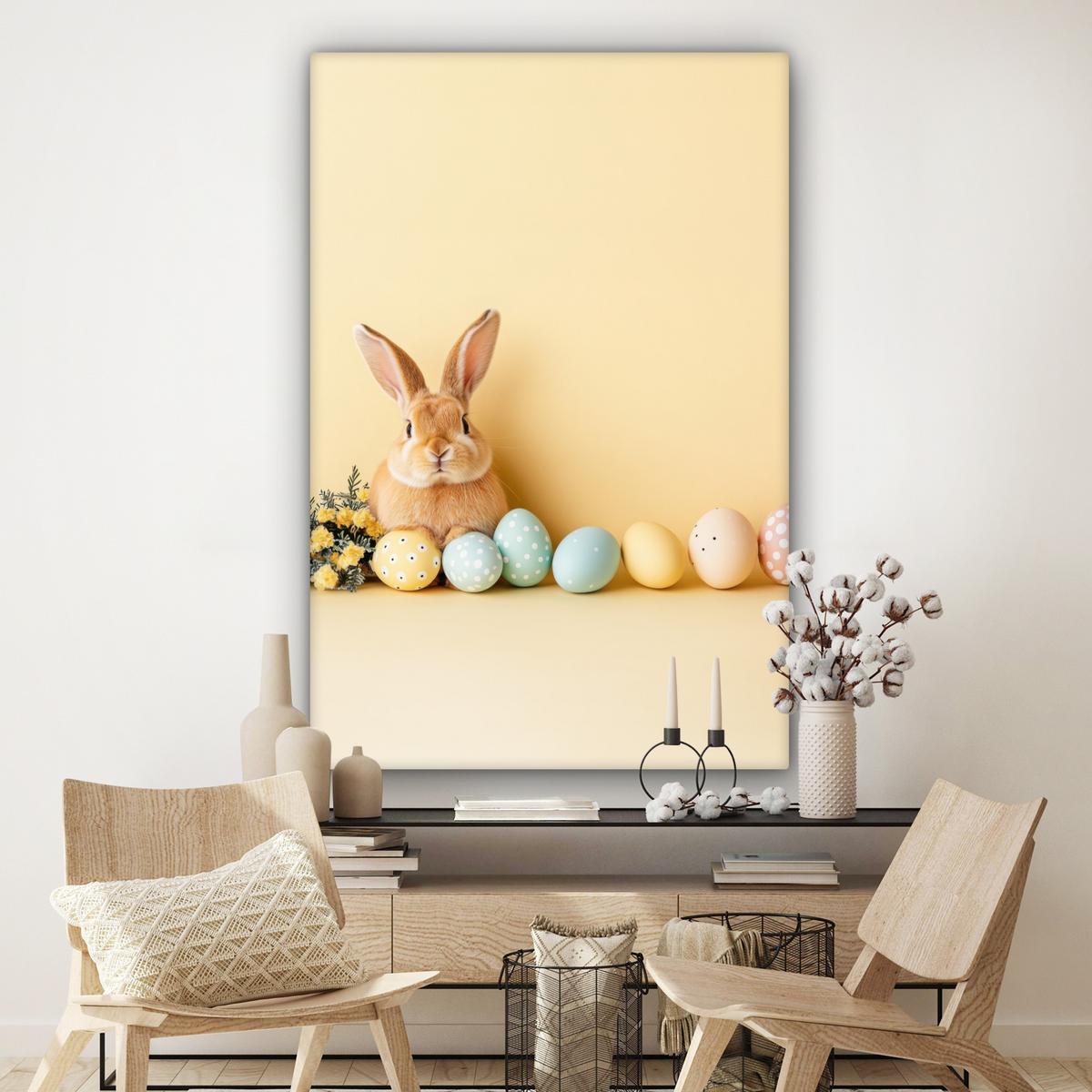 LEINWANDBILD Eier - Kaninchen - Pastellfarbtöne Deko Groß 90x140 cm - Hellgelb, Textil (90/140cm) - MuchoWow
