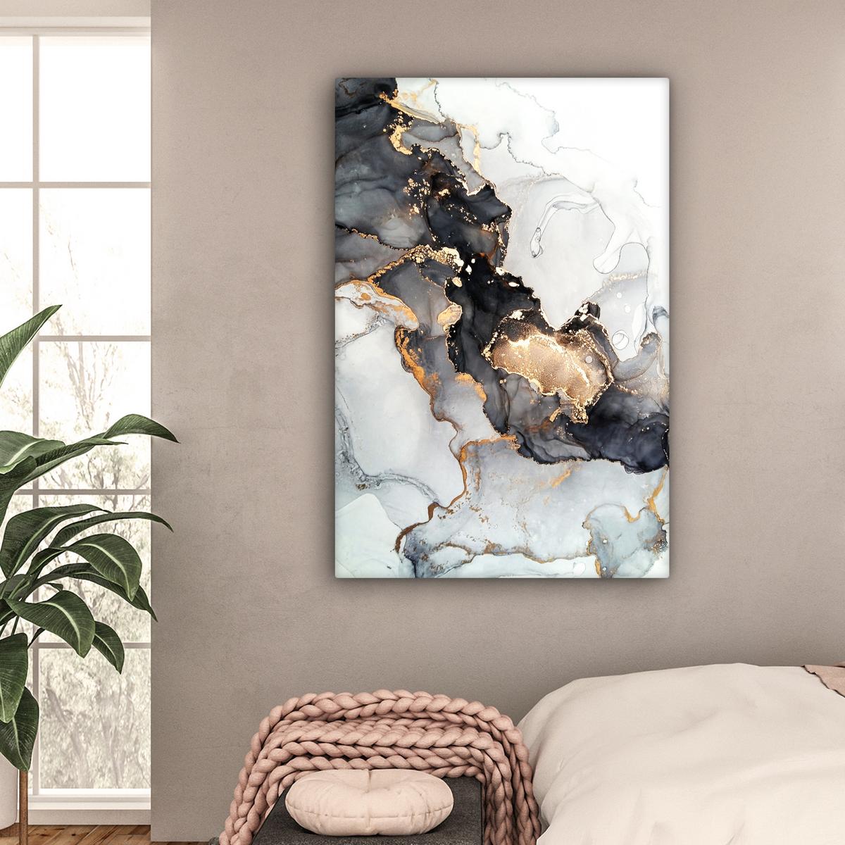 LEINWANDBILD Marmor - Schwarz - Weiß - Gold - Luxus - Abstrakt Deko XXL 80x120 cm - Goldfarben, Textil (80/120cm) - MuchoWow