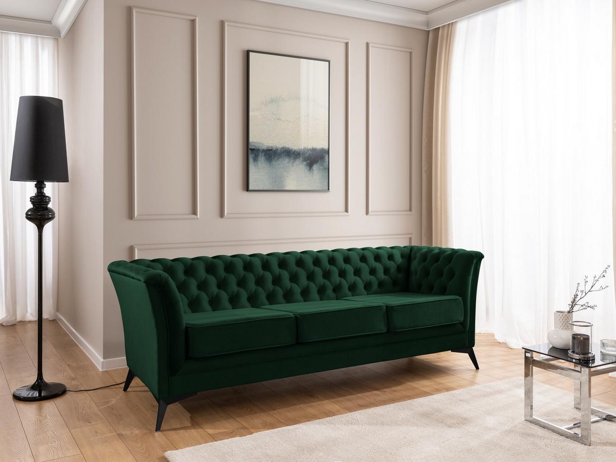 CHESTERFIELD-SOFA 3-sitzer Whitby Flaschengrün Samt mit schwarzen Füßen - Dunkelgrün/Schwarz, Holz/Textil (237/78/82cm) - S-Style Möbel