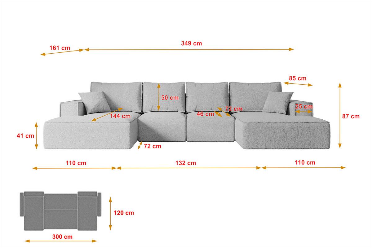 WOHNLANDSCHAFT mit Schlaffunktion und Bettkasten SIERRA-U-S - 349x161x87 cm Hellgrau Bouclé - Hellgrau/Schwarz, Holzwerkstoff/Kunststoff (349/87/161cm) - ALTDECOR