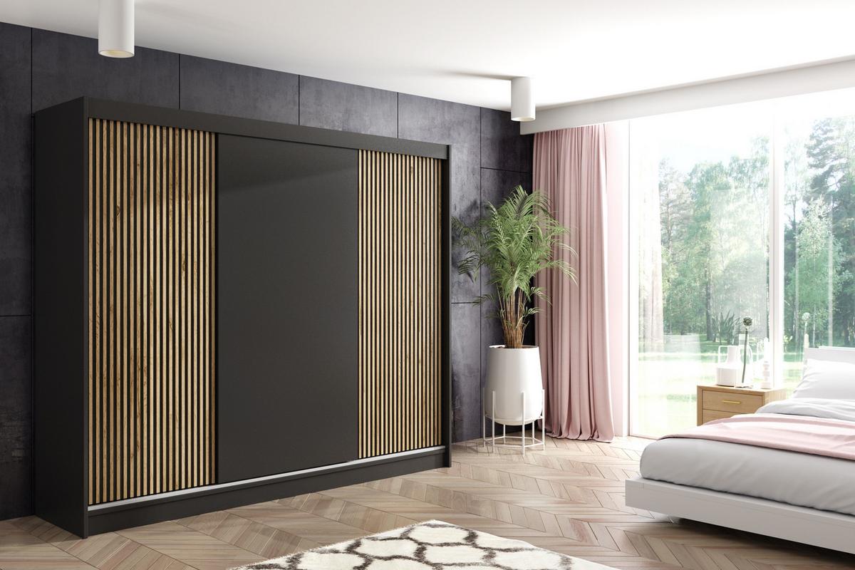 KLEIDERSCHRANK VILAN mit Lamel/LED - 250 cm - Schwarz|Eiche Wotan - Eiche Wotan/Schwarz, Holzwerkstoff (250/215/61cm) - ALTDECOR