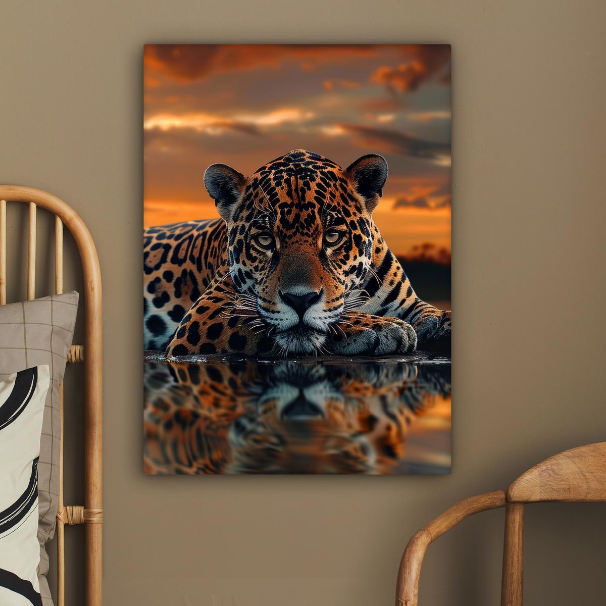 LEINWANDBILD Natur - Leopard - Tier - Sonnenuntergang - Modern Wandbild Wohnzimmer 60x80 cm - Orange, Textil (60/80cm) - MuchoWow