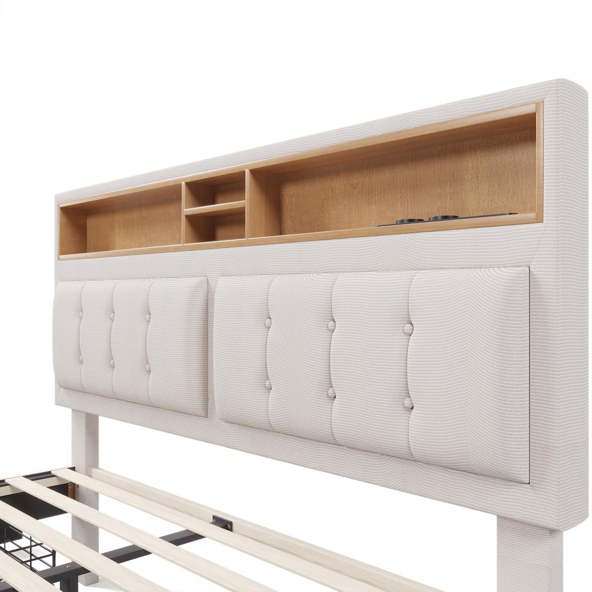 POLSTERBETT leinen-optik beige 140X200 mit 4 schubladen & integrierter ladestation - Eichefarben/Beige, Textil (140/200cm) - Urban Meuble