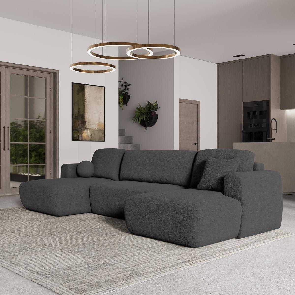 WOHNLANDSCHAFT SENTUM N Grau Boucle-Stoff mit Schlaffunktion - Schwarz/Grau, Holz/Kunststoff (330/90/148cm) - MASSENO