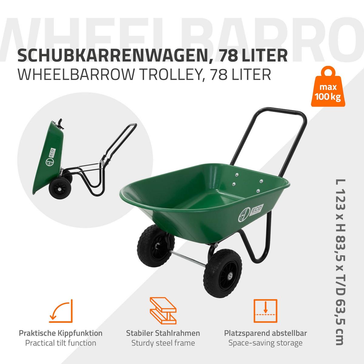 SCHUBKARRENWAGEN 78L mit Kippfunktion, Stahlrahmen, 2x PU-Reifen & PP-Wanne - Grün, Metall (63.5/83.5/123cm) - ECD-Germany