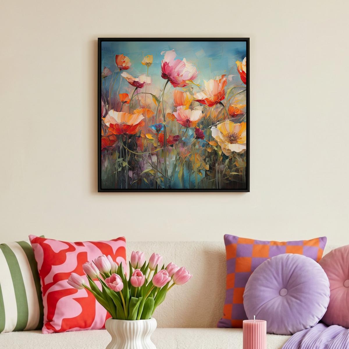 LEINWAND Bilder mit Rahmen - Blumen - Aquarell - Kunst - Botanisch - Natur - 50x50 - Orange, Textil (50/50cm) - MuchoWow