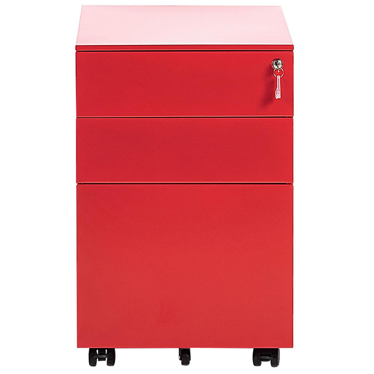 AKTENSCHRANK Metall rot 3 Schubladen mit Rollen Cami - Rot, Metall (39/60/50cm) - Beliani