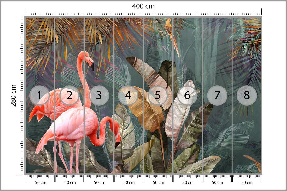 FOTOTAPETE für Wohnzimmer Flamingos Dschungel Blätter Tropisch 400x280 - Multicolor, Papier (400/280cm) - Muralo